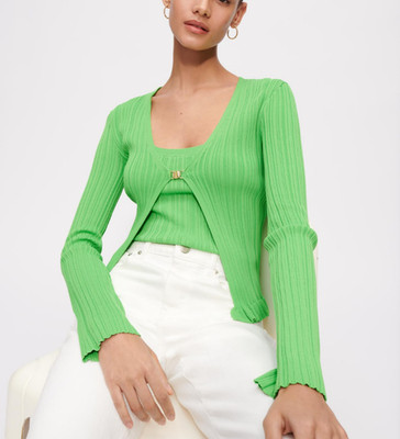Maje Damen grüne Strickjacke Rüschen Langarm Größe 3 L 12 MFPPU00495