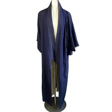 Japanese Vintage Navy Blue Windowpane Full Length Kimono Robe 100 Silk Lined