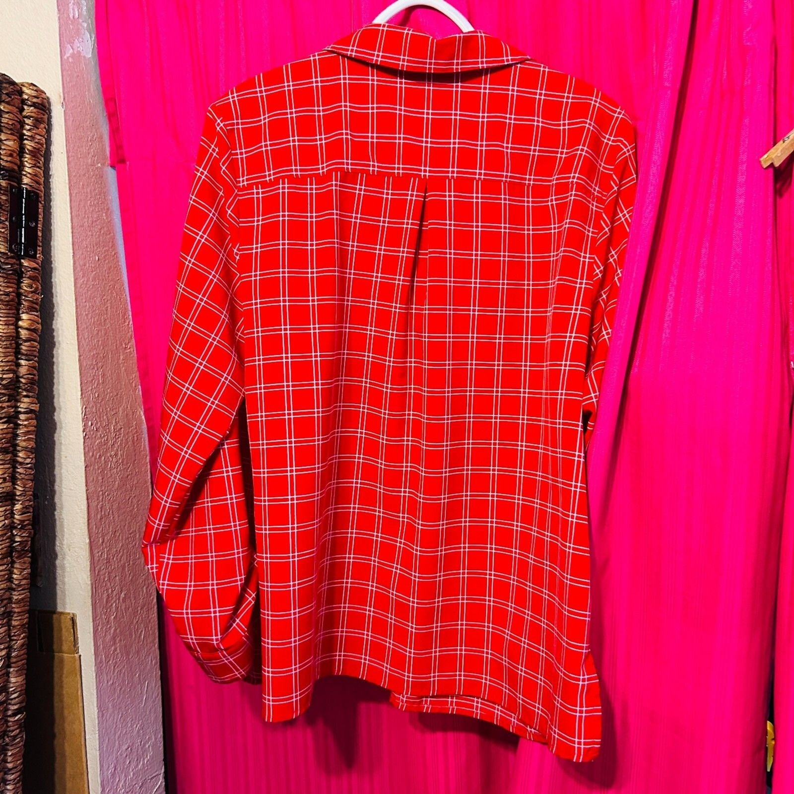 #8723 Notations Button Down Red PLAD Prints Blous… - image 6