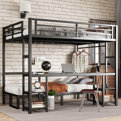 Queen Over Twin XL Metal Bunk Bed w/ Desk Shelves LED USB Multiple Uses Sofa