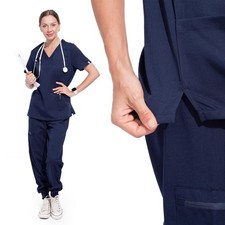V-Neck Women Nurse Uniform Suit Medical Scrubs Top and Pants Dark Blue USA Stock