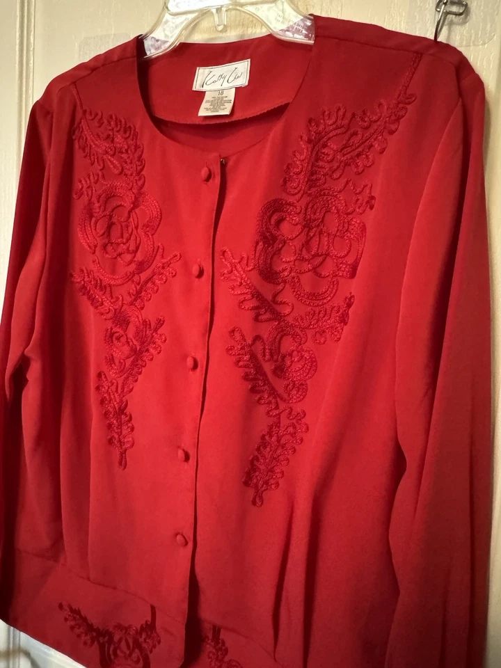 Женская винтажная красная блузка Kathy Che размер 18 с вышивкой ШИКАРНАЯ - Изображение 2 из 4