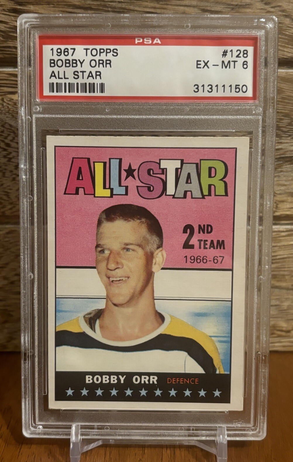 1967 Topps #128 Bobby Orr All-Star Bruins PSA 6 HOF 2nd year card, 1st All Star