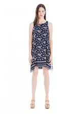 Brand New MAXSTUDIO Navy Floral Printed Sleeveless Scarf Shift Dress, Size Small