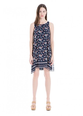 Brand New MAXSTUDIO Navy Floral Printed Sleeveless Scarf Shift Dress, Size Small