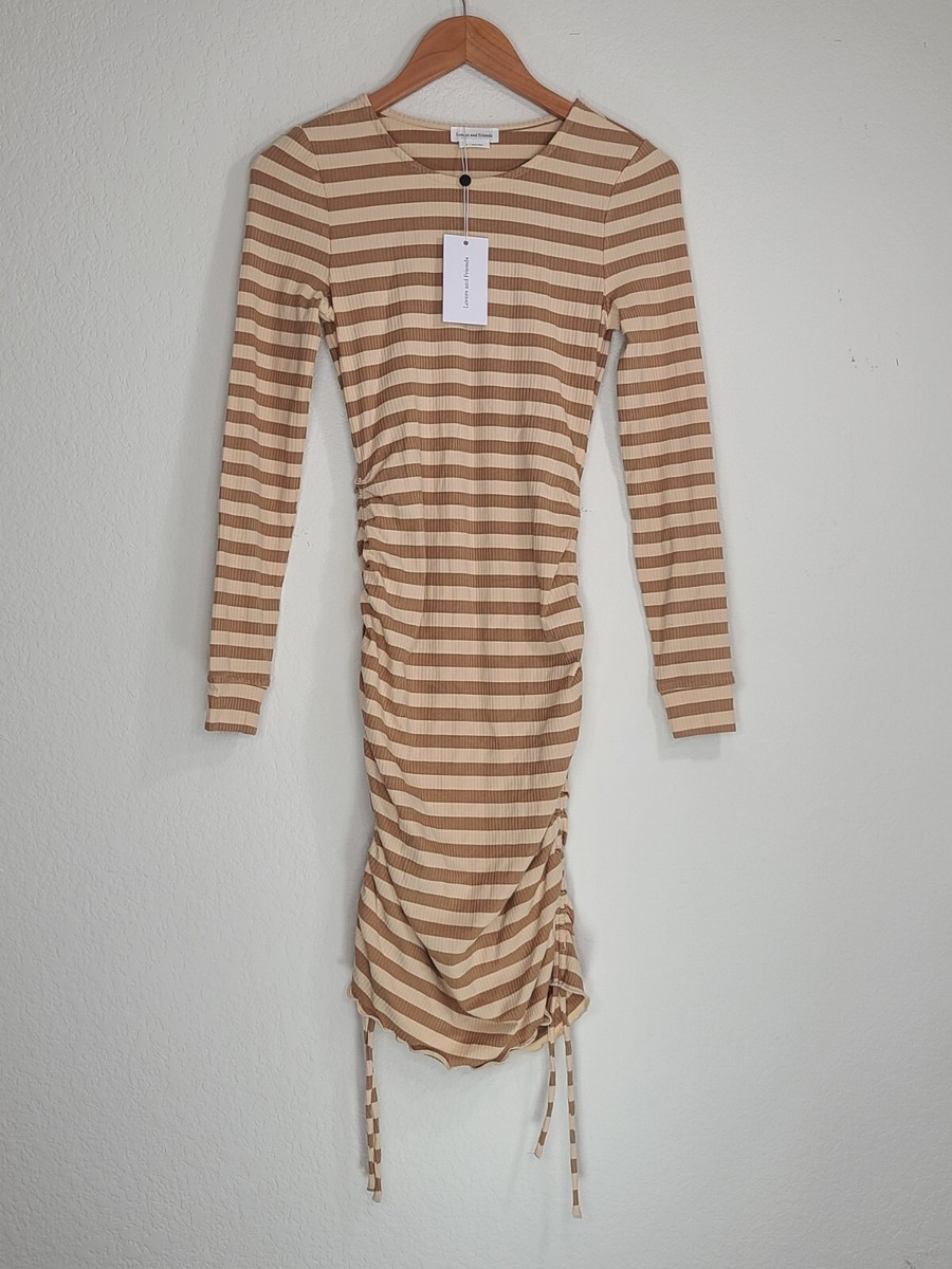Lovers and Friends Revolve Ruched Midi Dress in Ivory And Tan Stripe Size  XS NEW | eBay