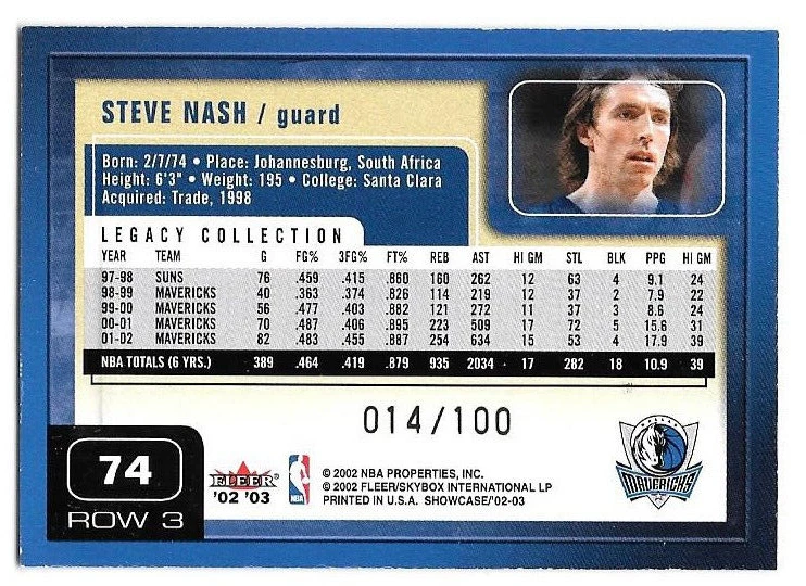 2002-03 Fleer Showcase Row 3 Legacy Parallel #74 Steve Nash /100 - Image 2 of 2