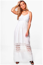 Boohoo Plus Kara Crochet Insert Plunge Maxi Dress IVORY Size 14