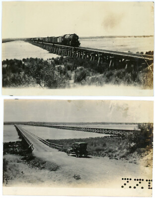 Car on Bridge & Train on Railroad Track Bridge Antique Photo Lot Locomotive 135