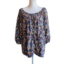 Jade Johnny Was Blouse Women M 100 Silk Navy Multicolor Floral Pullover Peasant