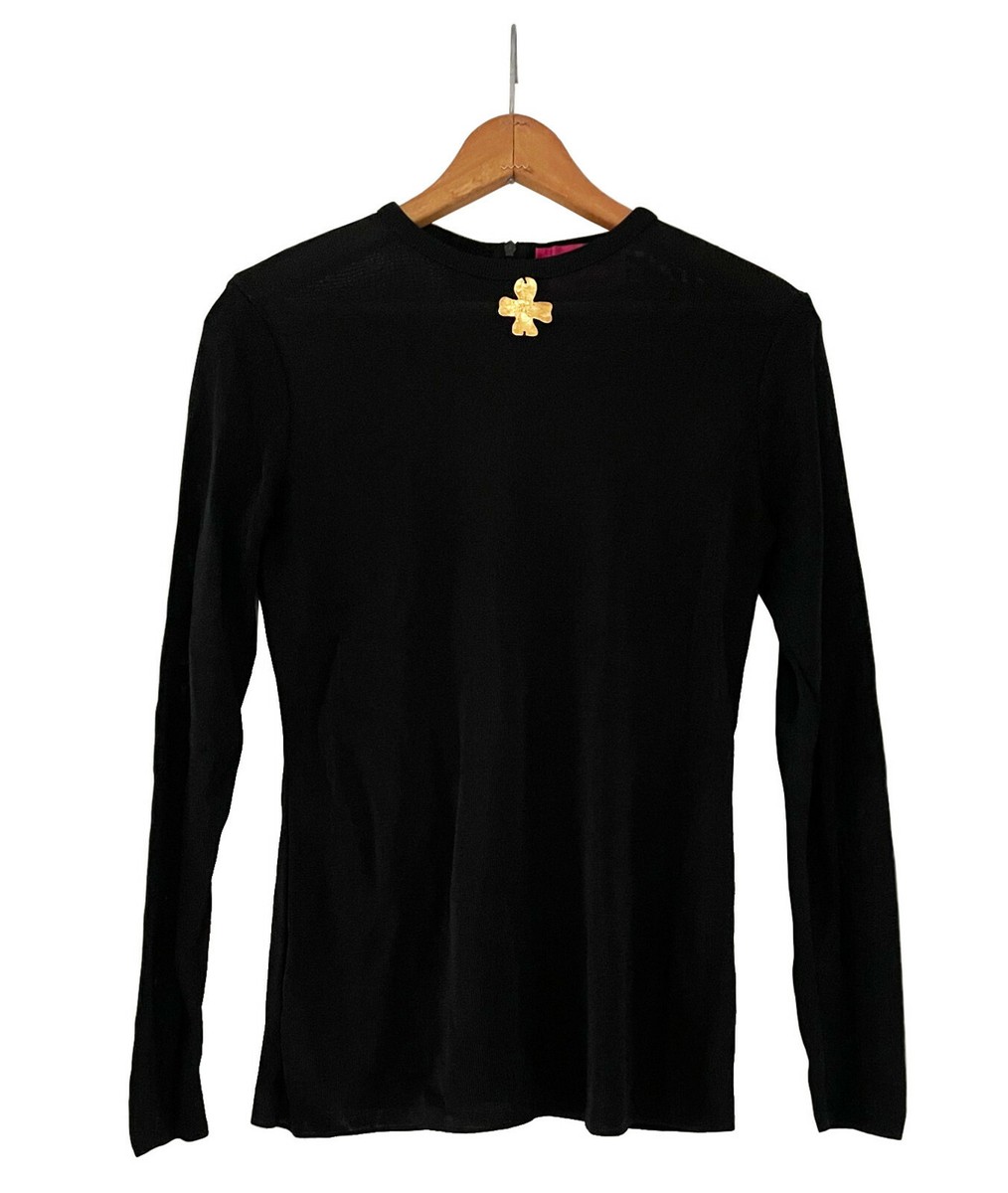 CHRISTIAN LACROIX Black Knit Sweater Gold Metal Cross Applique Zip