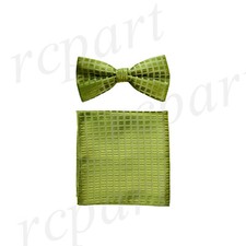 Men's Pre-tied Bow Tie  Pocket Square Hankie Spinach Green plaid Wedding Party