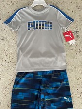 2 sets of PUMA Boys' 2-Piece Active Shirt and Shorts Set, size 4, Gray and Blue