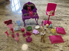 Barbie Accessories Lot Furniture stool, Vanity , Dishes, Books, Food, Decor