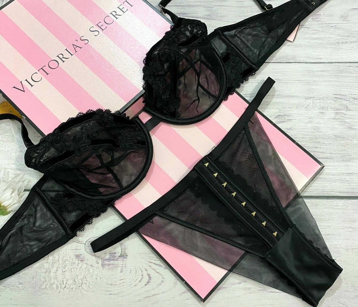 Victoria's Secret LUXE LINGERIE Unlined Demi Bra Panty Set Velvet Trim Mesh