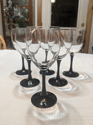 Set of 6 Vintage Unmarked Wine Water Glasses w/Black Stem & Clear Bowl 7  1/4" | eBay