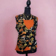 Vtg 80s Basic Editions Halloween Novelty Vest Pumpkins Ghosts Witches W Size M