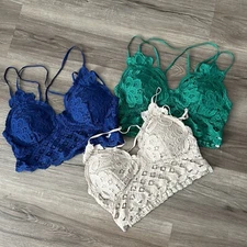 Anemone Set of 3 Women’s Bralette Sz Large Floral Lace Cream Blue Green