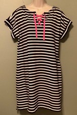 T byTALBOTS SAILING Navy/White stripe Dress wPINK TIE XLP 36” length 100% Cotton
