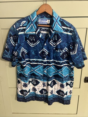 1970’s Waltah Clarke’s ALOHA HAWAIIAN SHIRT Loop Collar SIZE M - Blue-Turquoise!