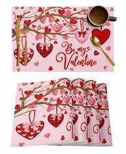 Pink Valentine's Day Placemats Set of 6, Red Love Heart Tree Heat Resistant W...