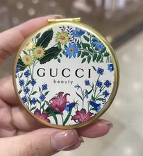 Gucci Beaute Floral Gold Compact Dual Sided Folding Mirror with Pink Pouch