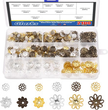 2100Pcs 3 Styles Petal Lotus Hollow Flower Bead Caps, 7Mm 9Mm 10Mm 14Mm Gold/Sil