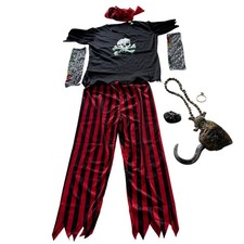 Pirate Costume Kids Size M Black Red Striped Hook Eyepatch Set Captain Hook Goth
