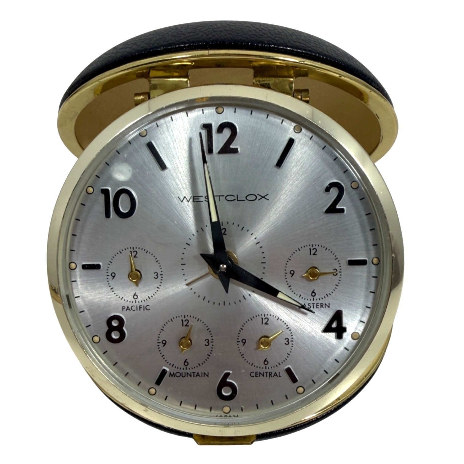 VTG Westclox Wind-Up Travel Alarm Clock US Time Zones Clamshell Snap Case Japan