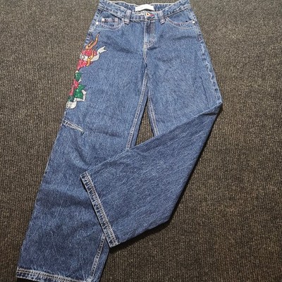 Bershka Wide Leg Boyfriend Jeans with Rhinestone Tattoo Print, Size 4