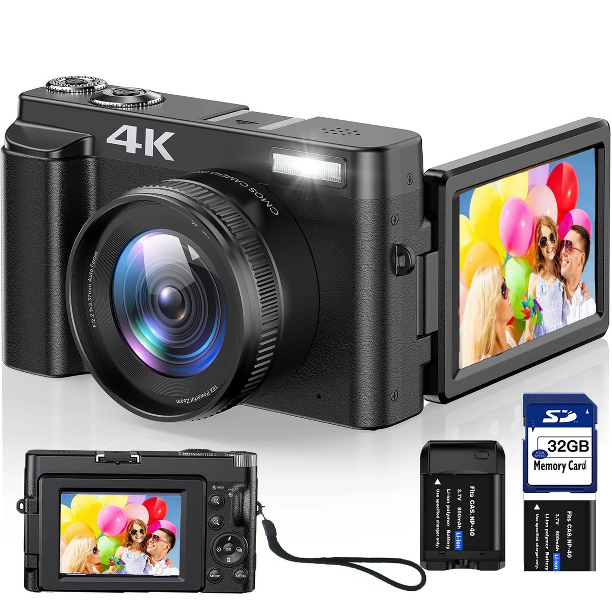 ACTITOP Vlogging Camera 4K Digital Camera for Autofocus with 32GB