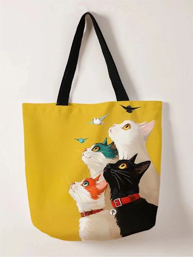Stacked Cat Canvas Tote Bag Reusable Shopping Handbag Printed Shoulder Bag Gift