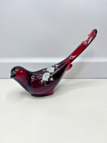 Vintage 80s Fenton Art Ruby Red Glass Bird of Happiness White Roses Hand Signed