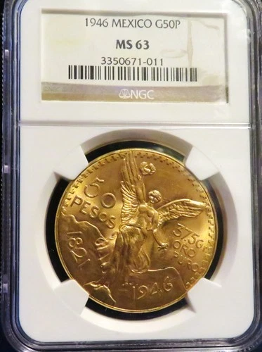 1946 GOLD MEXICO 50 PESOS NGC MS 63