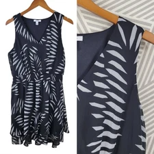 Nine West Fit Flare Dress Large Mesh Chiffon Layered Black Geometric Print