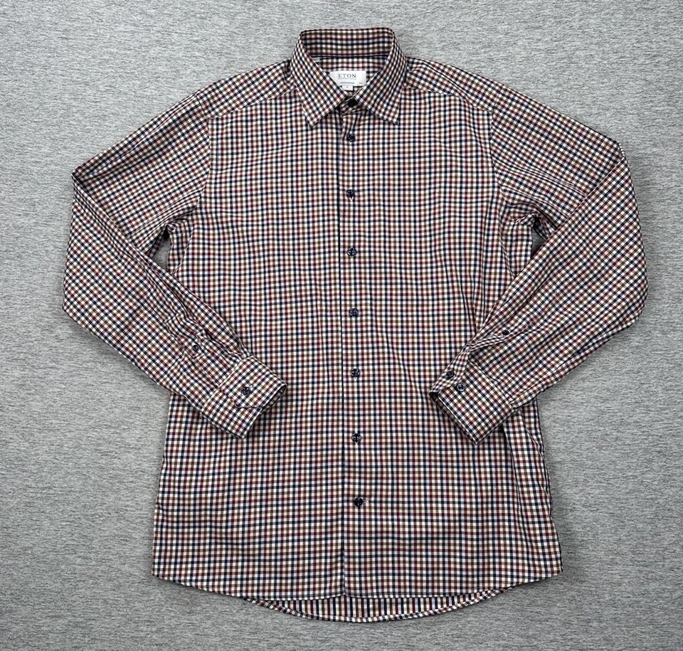 Camisa masculina Eton média 39/15,5 xadrez contemporânea manga longa botão cidade - Imagem 2 de 4