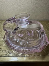 Pink Glass Bunny Rabbit on Nest Basket Weave Candy Dish Clear Pink 5.25 X 4.25 “