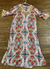 Maxi Abito Morbido Dintorni Taglia XL Ipanema Ricamato Perline Caftano Challis