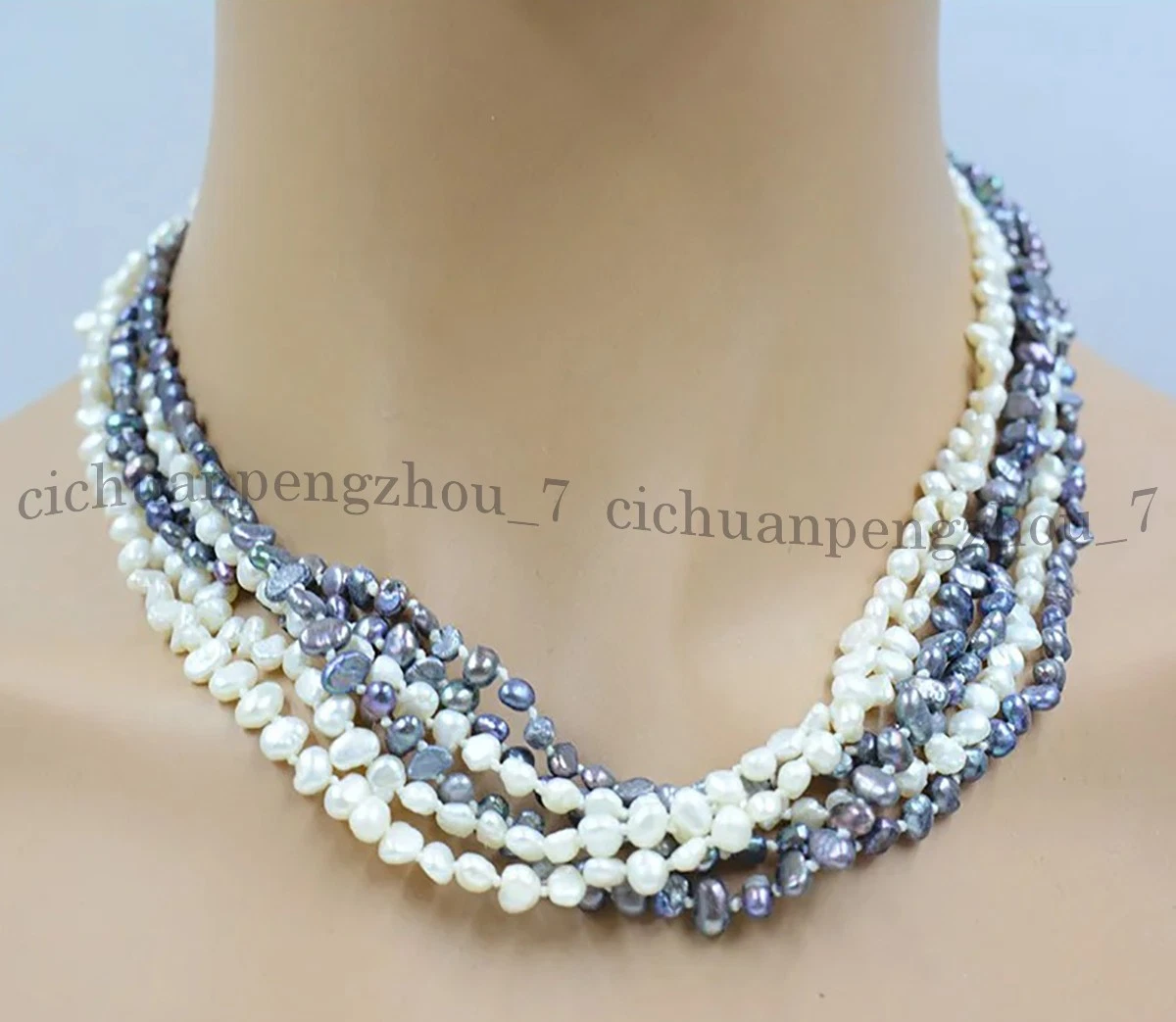 VETEMENTS Collana di perle barocche acqua dolce bianco nero naturale 6 file 4 5 mm 18 pollici