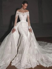 Boat Neck Mermaid Lace Wedding Dresses Beaded Appliques Long Sleeves Bridal Gown