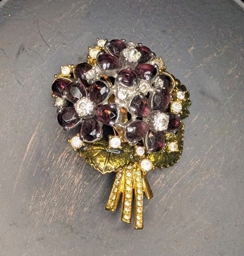 Nolan Miller Gold Tone Flower Bouquet Pin Purple & Clear Round Rhinestone Metal