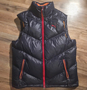 PUMA Men's Puffer Vest Full Zip Pockets Stand Collar Black/Orange Size M