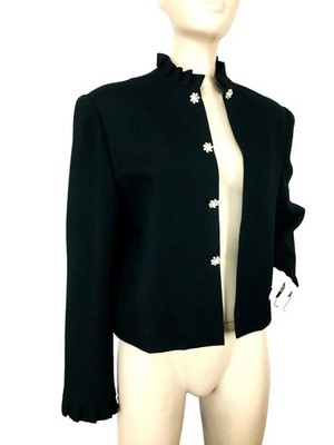Vintage 70s C'est Simone Black Wool Jacket Rhinestone Detail Ruffled Neck Cuffs