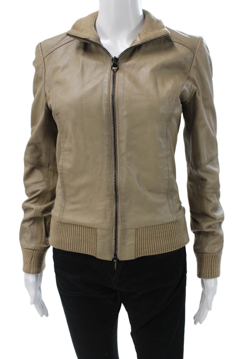 Zara Basic Womens Bomber Leather Jacket Beige Hig… - image 1