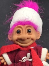Russ Christmas Troll 5" Doll Pink Hair Brown Eyes Wearing Red Dress w/ Scarf