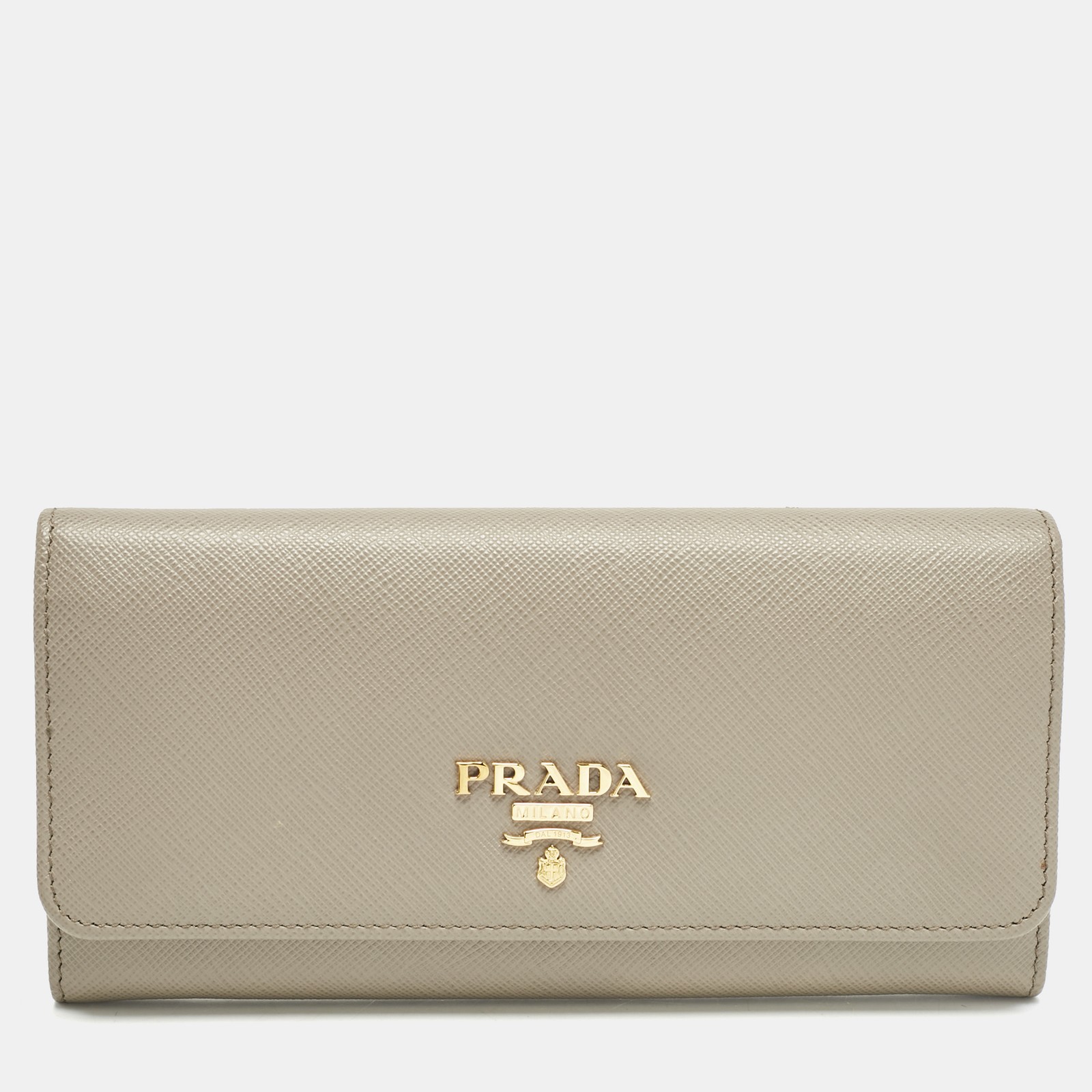 Prada Grey Leather Logo Flap Continental Wallet with RFID Protection