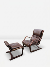 Esko Pajamies for Asko ?Koivutaru? Brown Leather  LoungeChair & Ottoman, 1970s