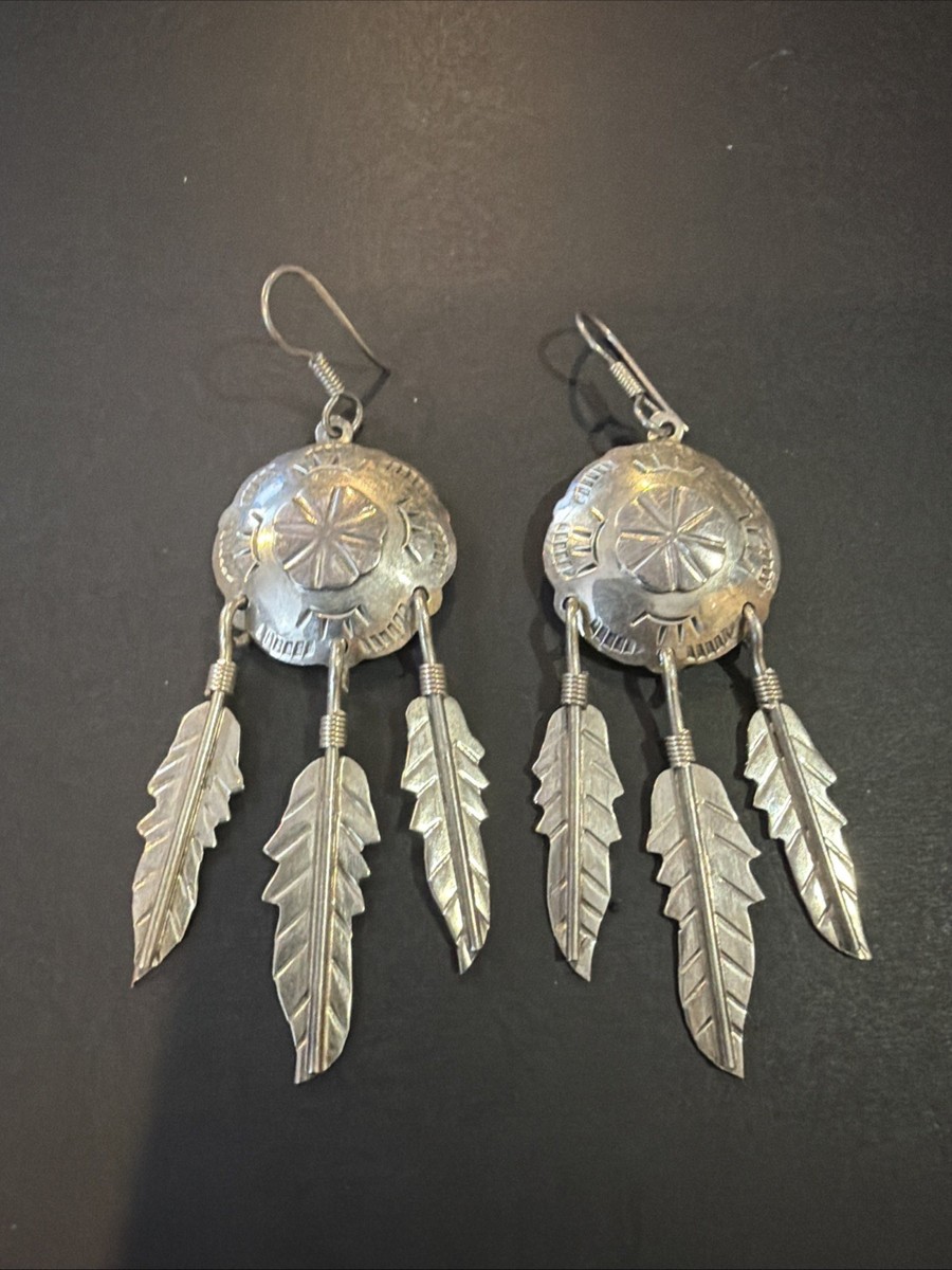 Vintage Taxco 925 Sterling Silver Feather Drop Dangle Heavy Earrings View 2