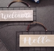 Welcome  Hello Wood  Metal Hanging Wall Sign Ready to Hang Rectangle 16 in