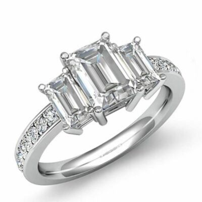 Emerald Cut 2.75Ct Three Diamond 14K White Gold Engagement Ring Simulated Size 8